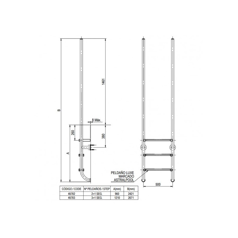 ESCALERA ELEGANCE INOX 2 PELDAÑOS + 1 SEGURIDAD AISI 316 ASTRALPOOL